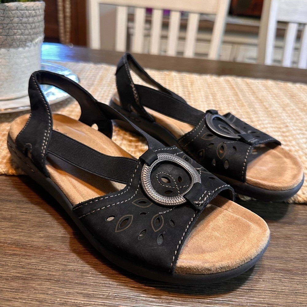 Earth Origins Tawny Talia Black Leather‎ Sandals Womens Size 7M Comfort Shoes